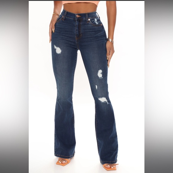 Dark Washed Distressed Flare Jeans - Picture 2 of 4